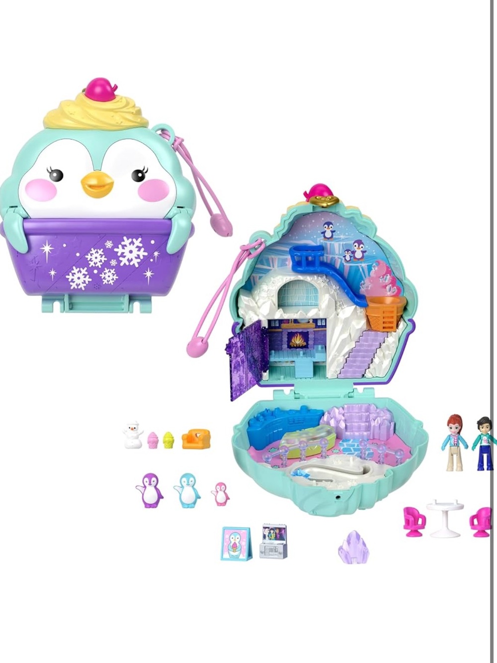 🐧NWT POLLY POCKET SNOW SWEET PENGUIN COMPACT W/ 13 ACCESSORIES TRAVEL TOY